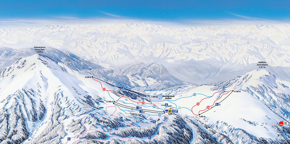 A lively ski resort in Jochgrimm Italy featuring a charming chalet bustling winter sports scene with skiers enjoying the picturesque snow-covered slopes.