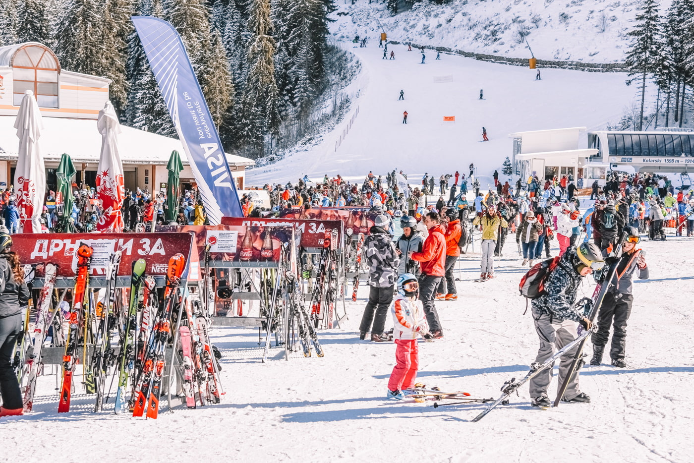 Vetrovala in Bulgaria - a group of people standing on top of a snow covered slope.