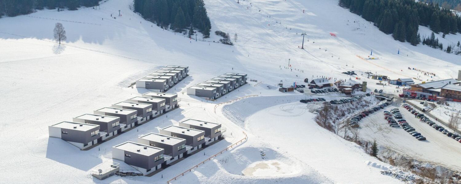 Grebenzen – St Lambrecht in Austria: an aerial view of a ski resort in the mountains.