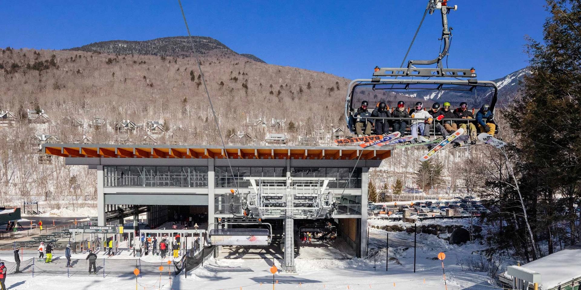 Loon Mountain Resort in USA - a ski lift going up the side of a mountain.