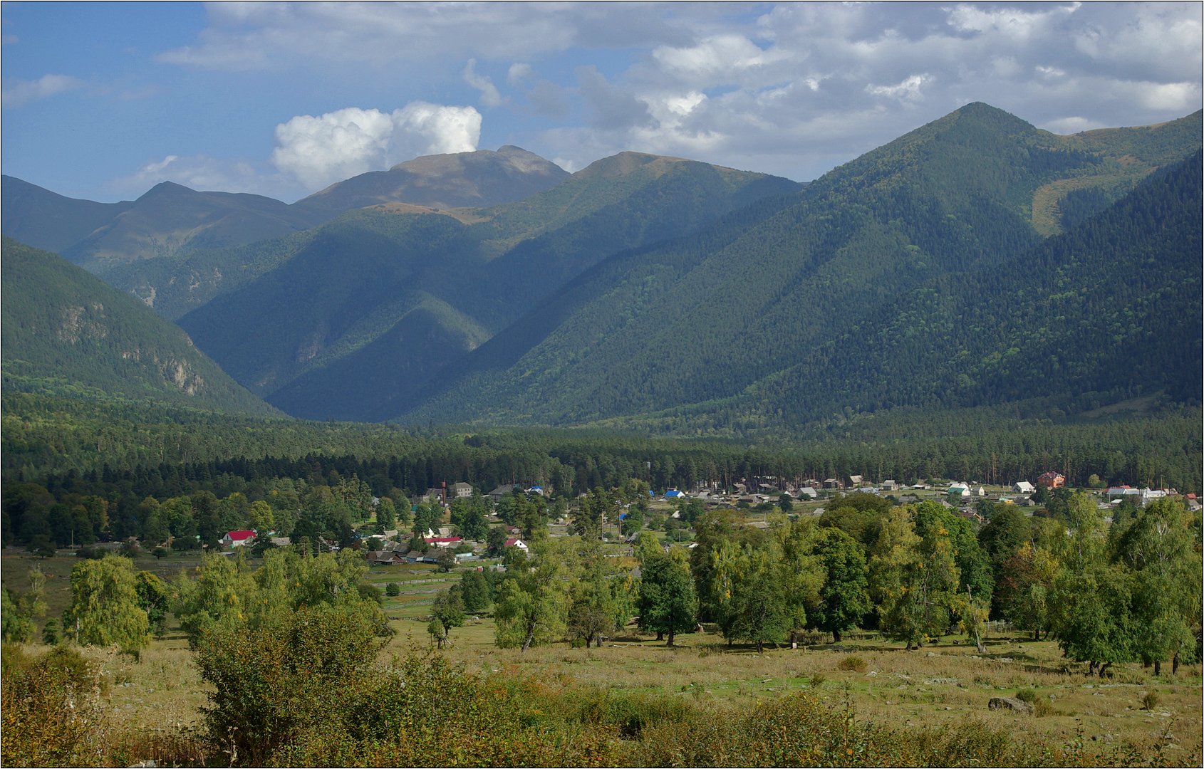 Kurort Arkhyz in Russia - a view of a small town in the mountains.
