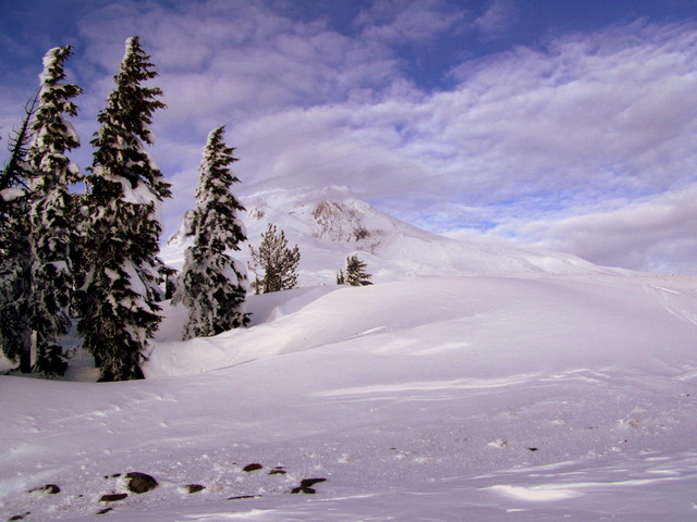 Timberline in USA - a person on a snowboard in the snow.