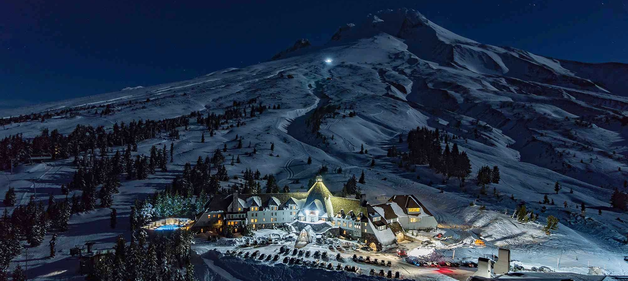 Timberline in USA: a ski resort at night in the mountains.