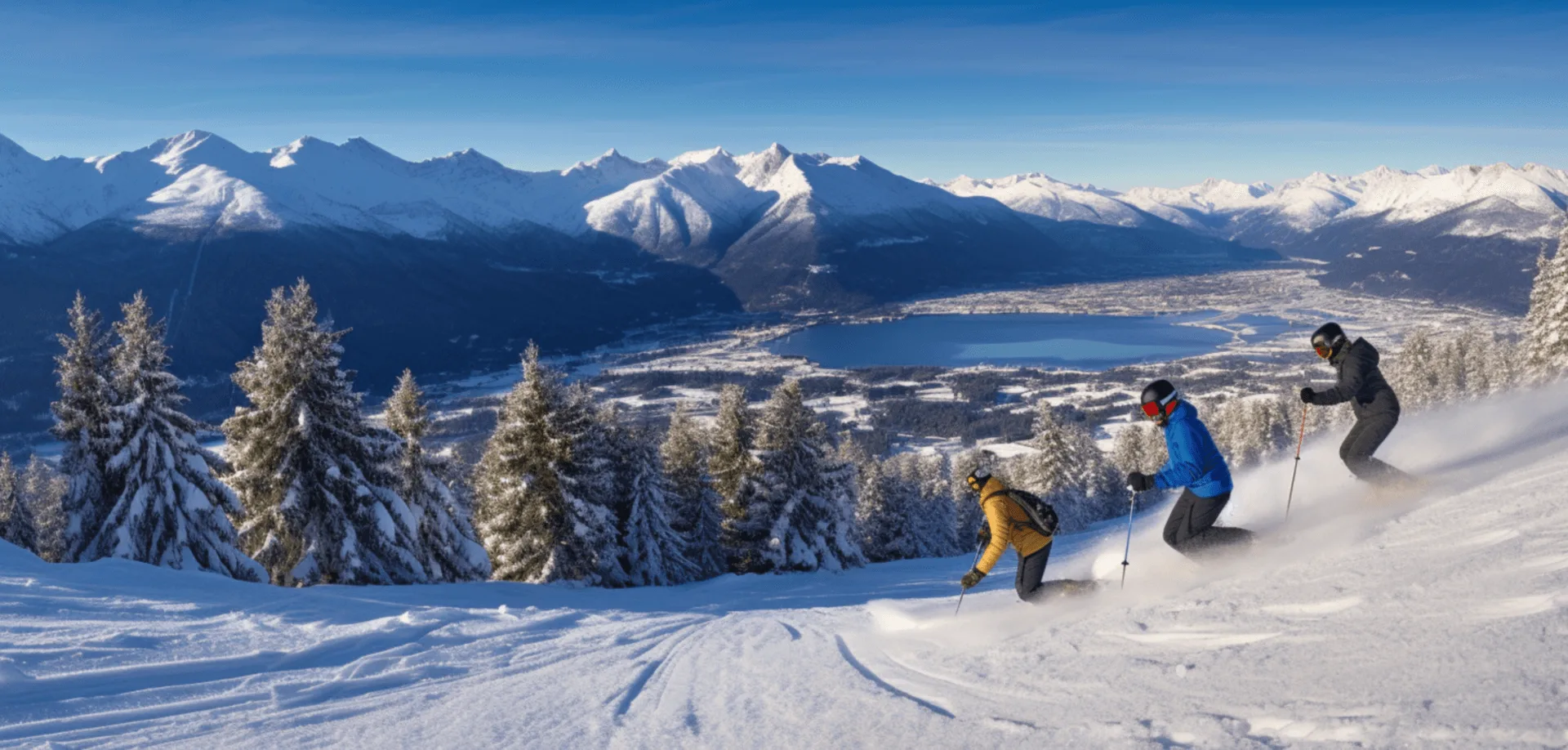 Asp in Switzerland - two people skiing down a snowy slope in the mountains.