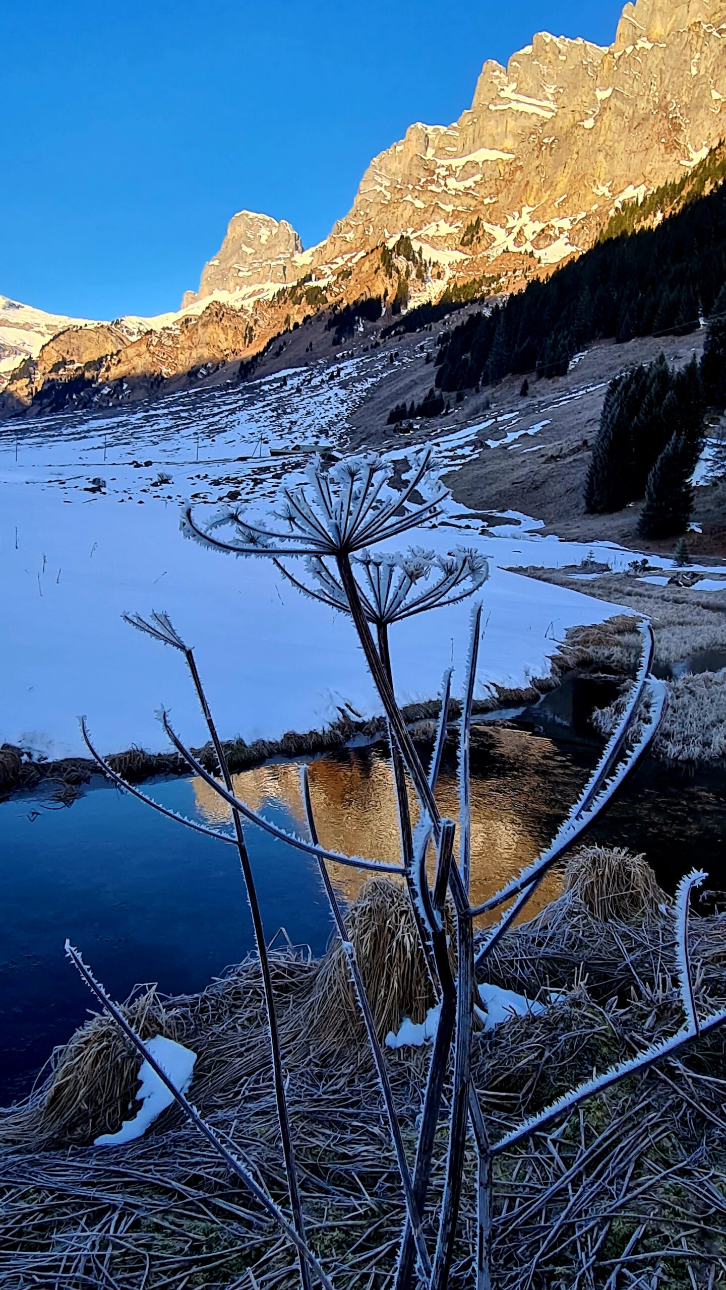 Urnerboden in Switzerland - the sun is shining on the snow covered mountains.