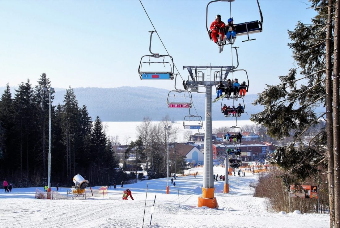 Lipno in Czech Republic - a ski lift going up the mountain.