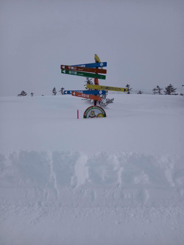Mitsumata | Kagura | Tashiro in Japan - a sign in the middle of a snow covered field.