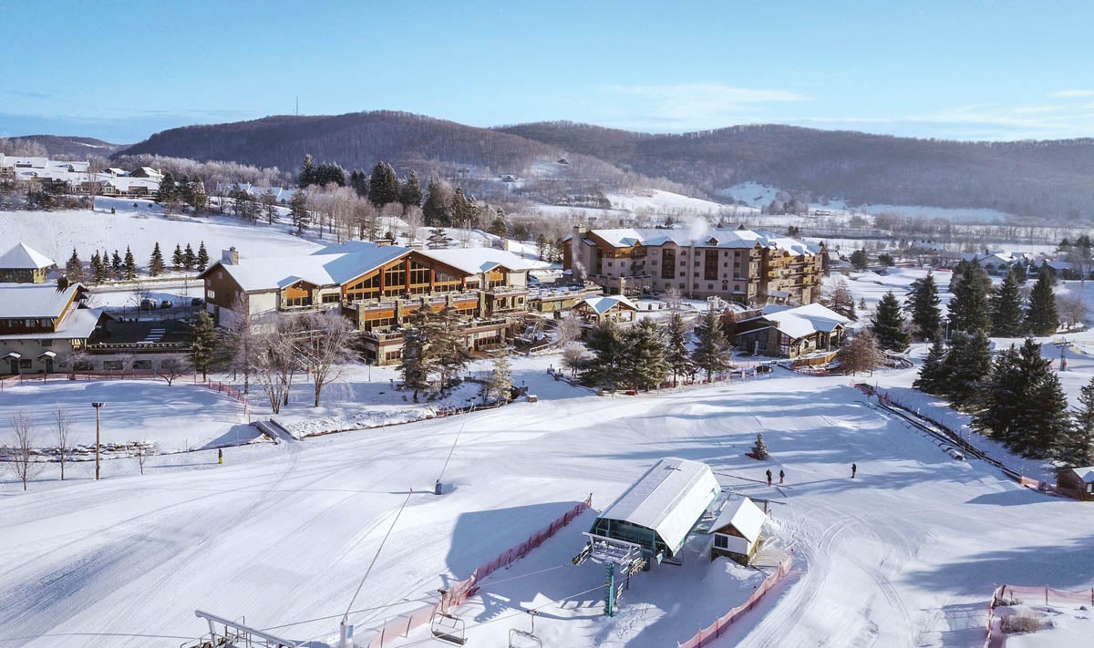 Holiday Valley Resort in USA: an aerial view of a ski resort in the mountains.