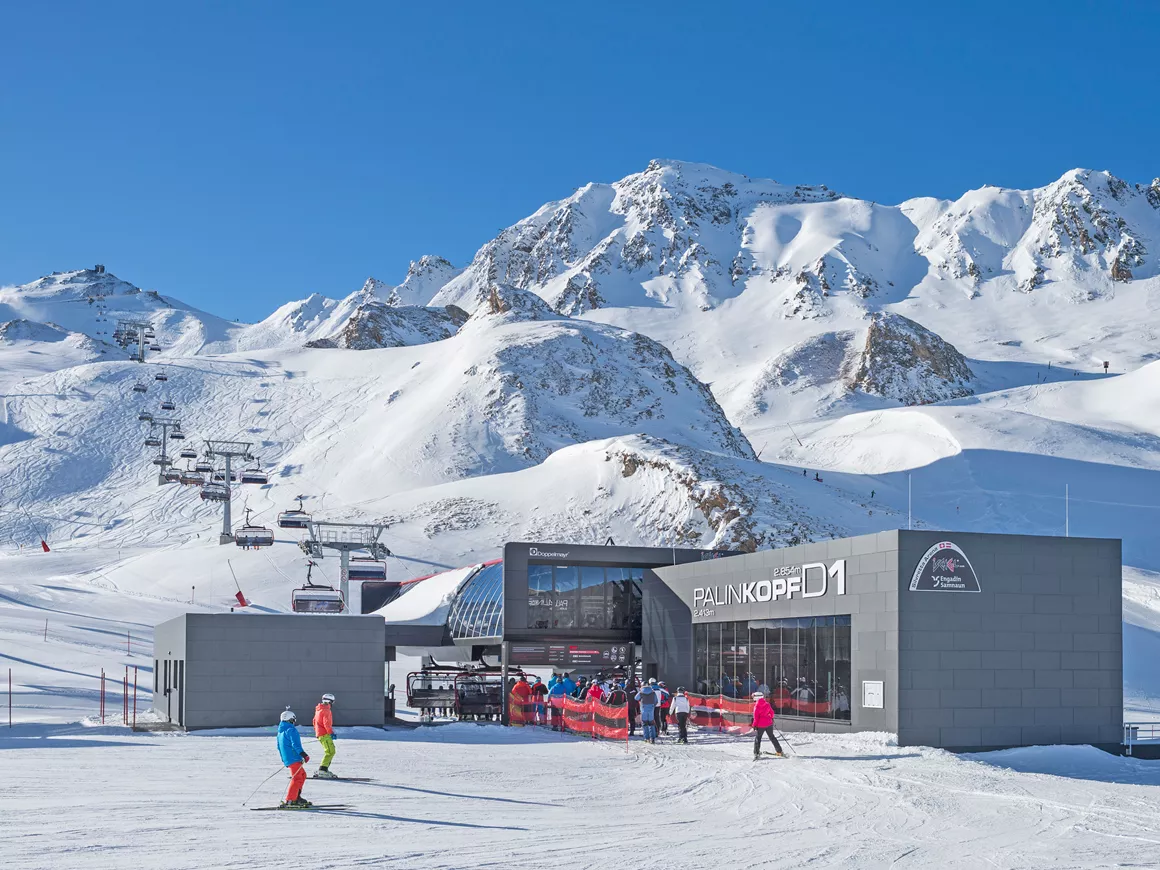 Ischgl Samnaun – Silvretta Arena in Austria - a group of people skiing down a snowy slope.