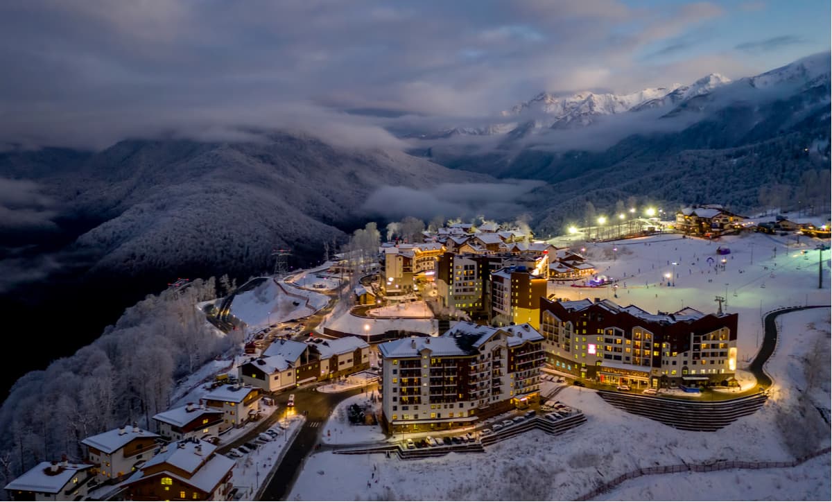 Krasnaya Polyana Resort in Russia - a snowy town in the mountains.