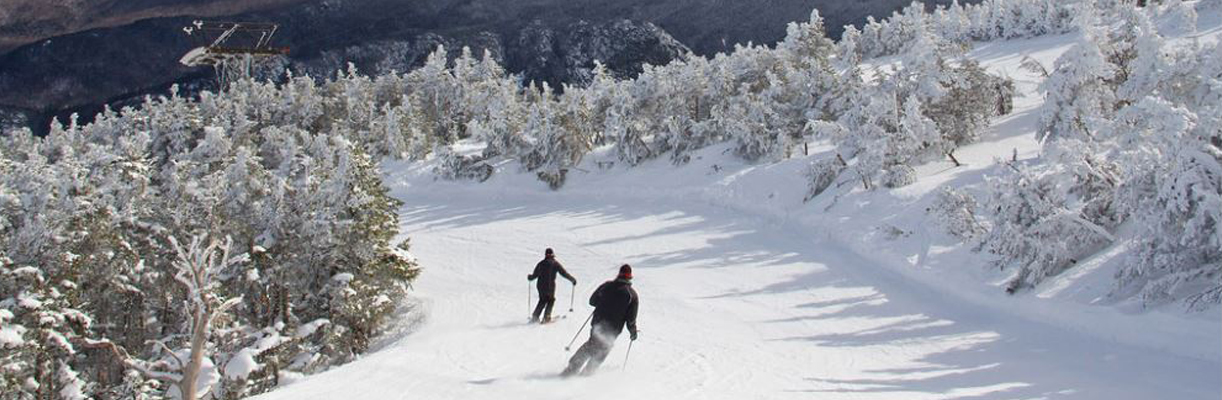 Cannon Mountain in USA - a person skiing down a snow covered mountain.
