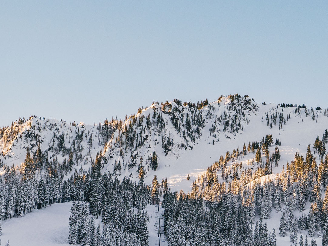 Stevens Pass in USA - a snow covered mountain with trees in the fore.