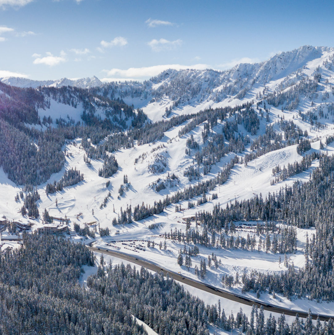 Stevens Pass in USA: an aerial view of a ski resort in the mountains.