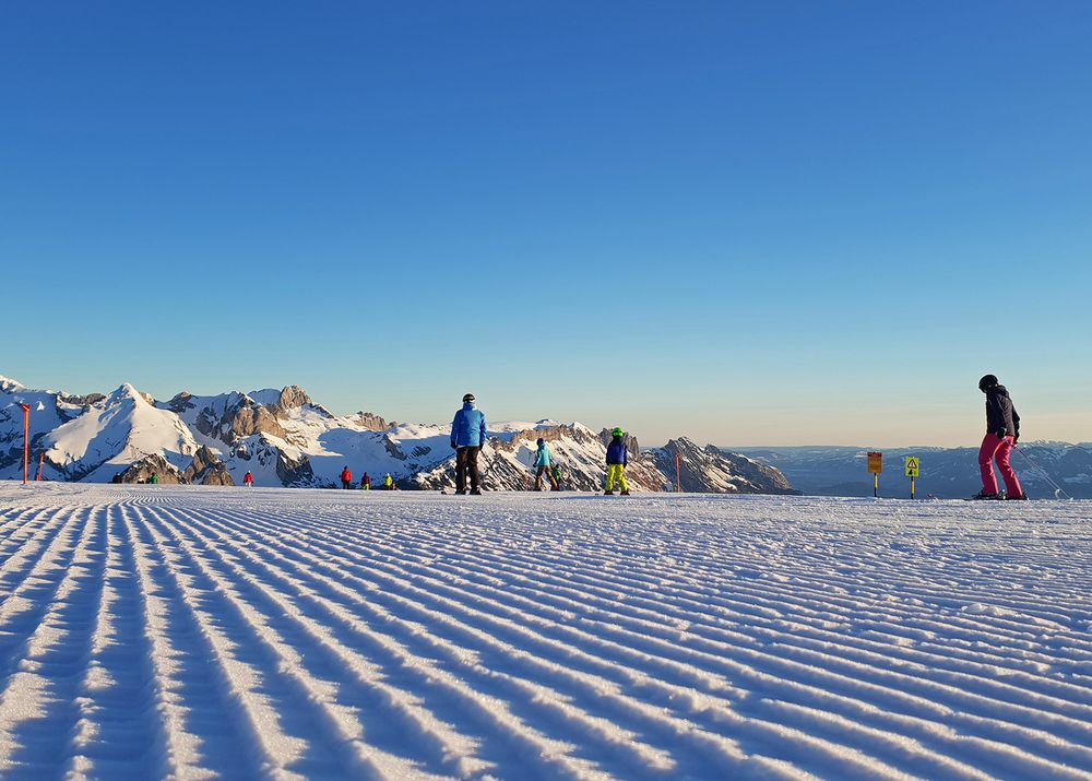 Bergbahnen Wildhaus in Switzerland - a group of people standing on top of a mountain.