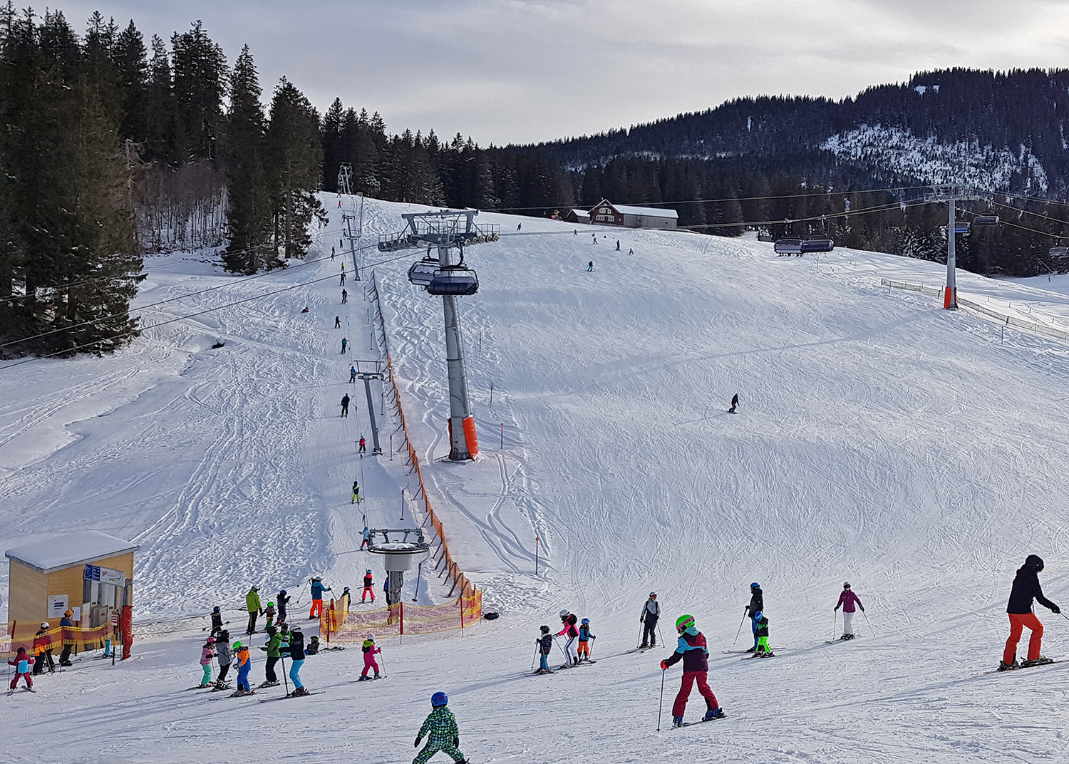 Bergbahnen Wildhaus in Switzerland - a group of people skiing down a snowy hill.
