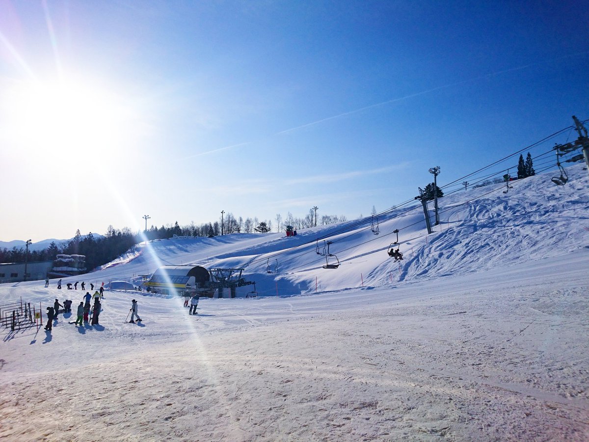 Dynaland in Japan - a group of people skiing down a snow covered slope.