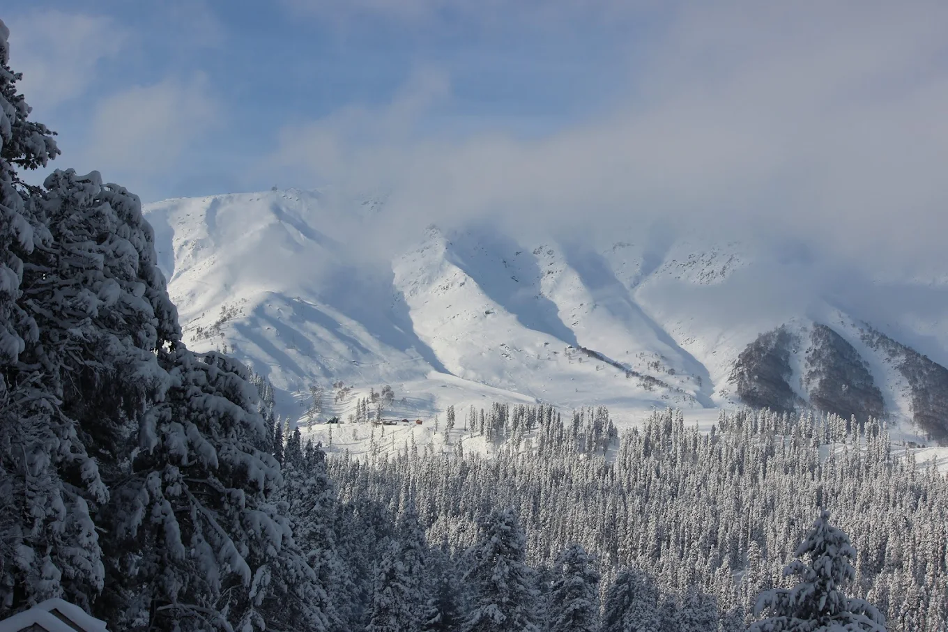 Gulmarg Ski Resort in India - snow covered trees and mountains in the background.
