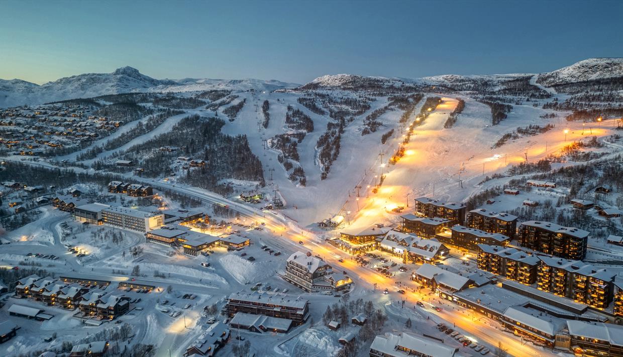 Beitostølen in Norway: an aerial view of the ski resort at night.