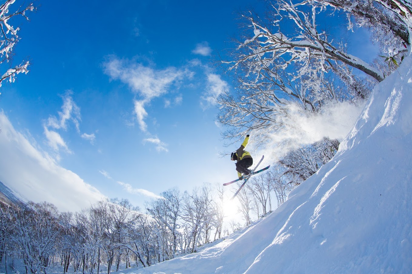 A skier and a snowboarder enjoying winter sports at Niseko Weiss Cat in Kutchan, Abuta District, Hokkaido, Japan, amidst stunning winter scenery at a ski resort.