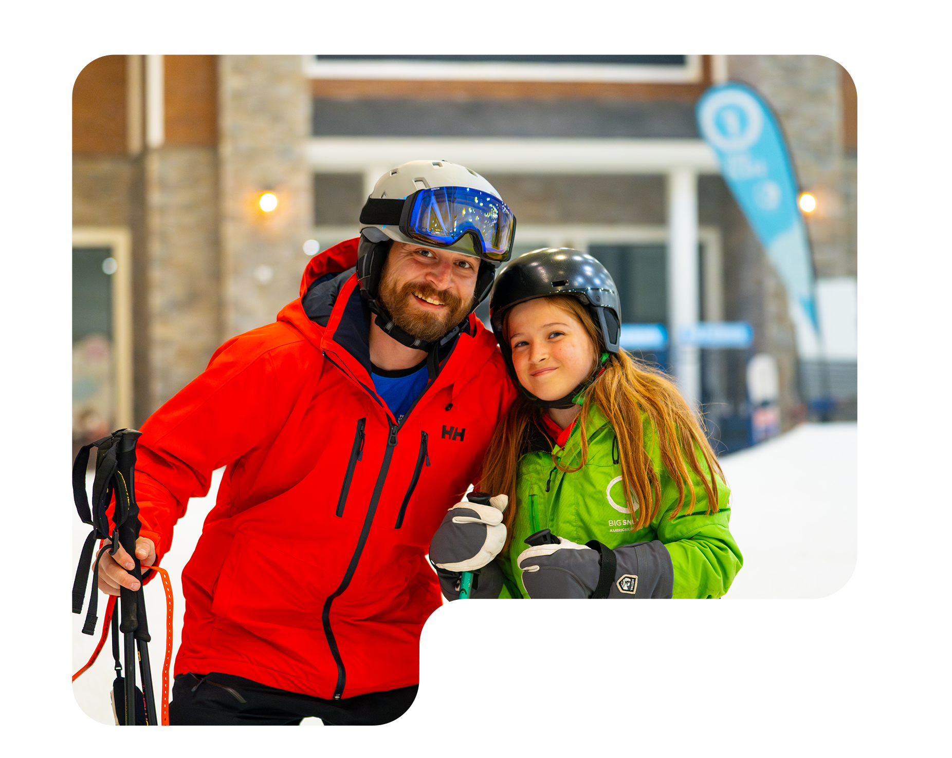 A skier gliding down a snowy slope at Big Snow American Dream, New Jersey, hinting at a bustling ski resort filled with families taking pleasure in their winter sports amidst chalets.
