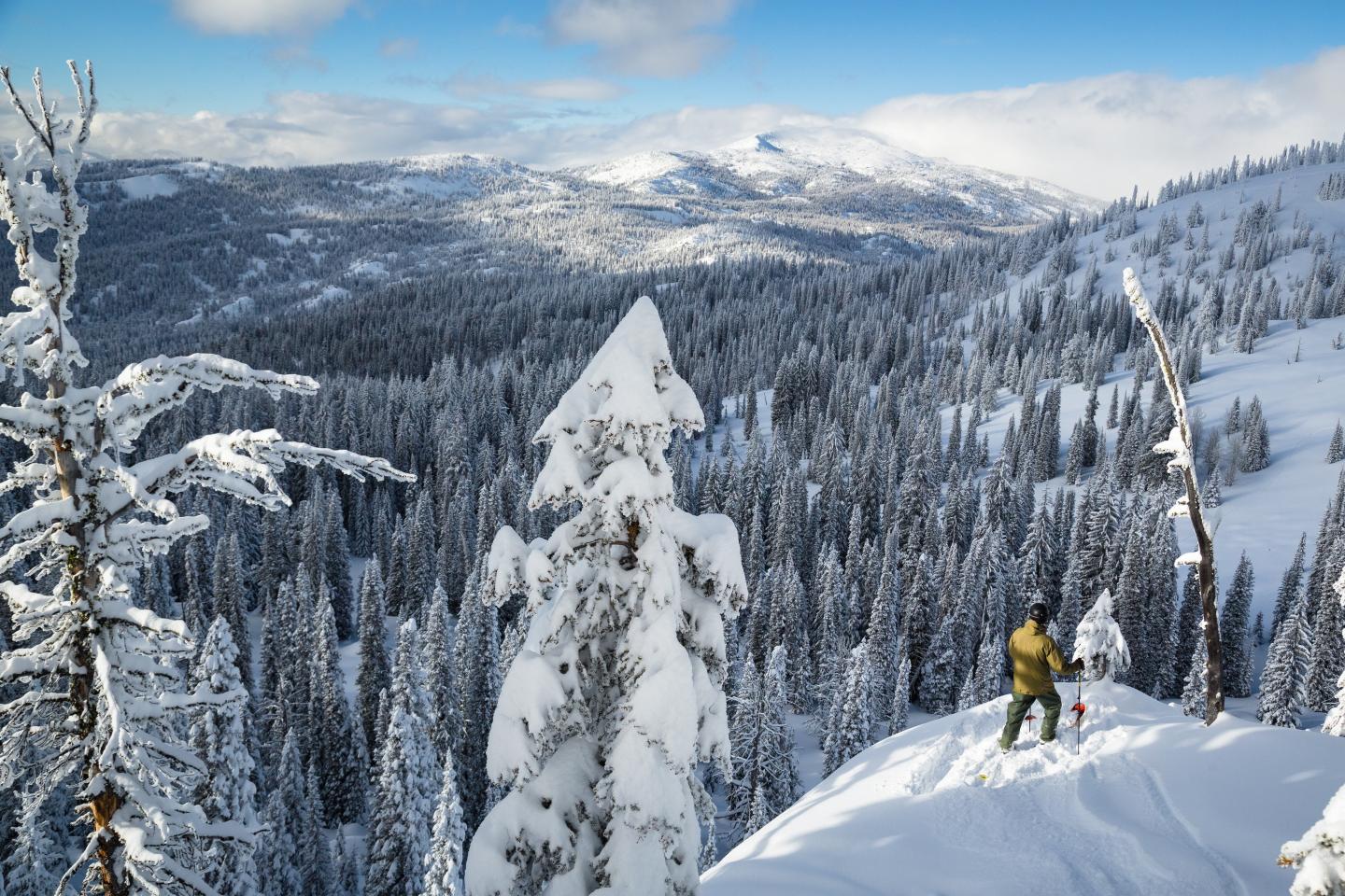 Brundage Mountain in USA - a person skiing down a snow covered mountain.