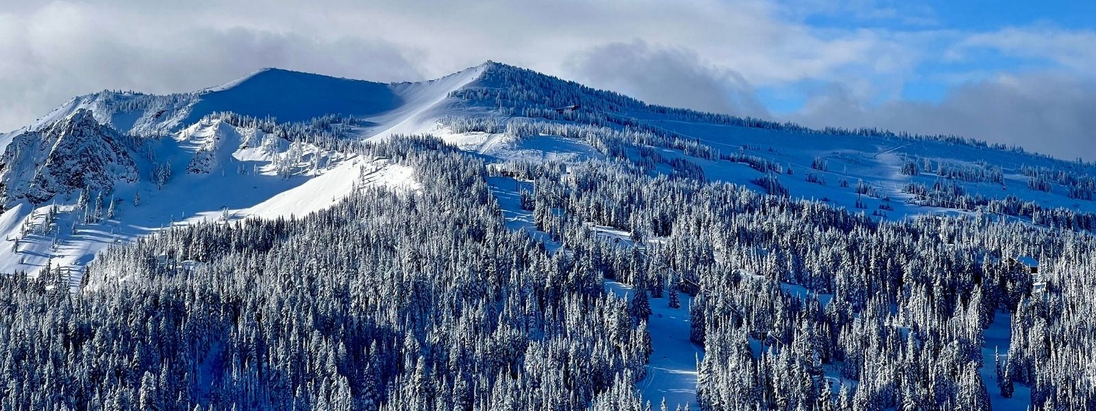 White Pass in USA - a mountain covered in snow with trees and clouds.