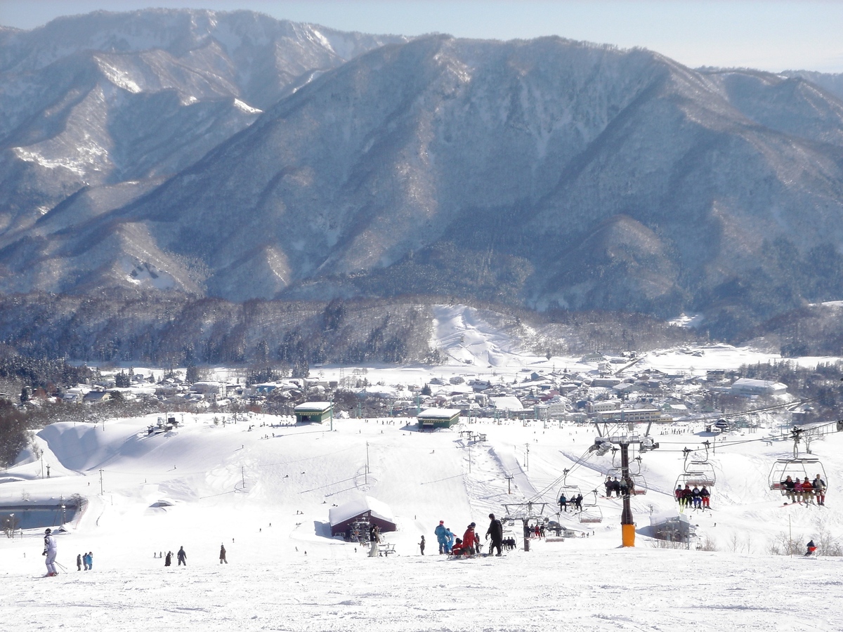 Tsugaike Kogen in Japan - a group of people skiing down a snowy hill.