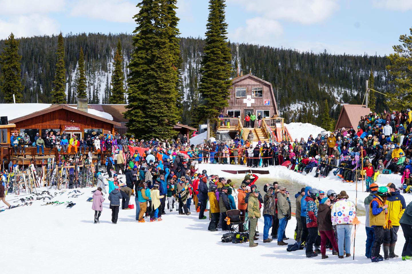 Lost Trail Powder Mountain in USA - a crowd of people standing in the snow.