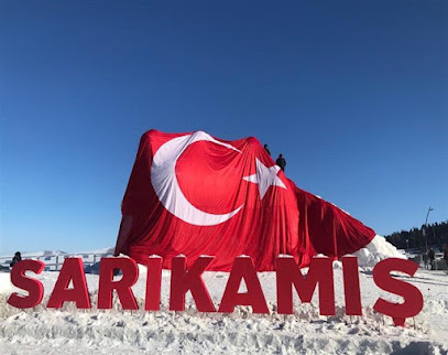 A winter sports scene from Sarıkamış in Turkey highlighting a sunlit mountain and its corresponding sports centre. A picturesque chalet is also visible.