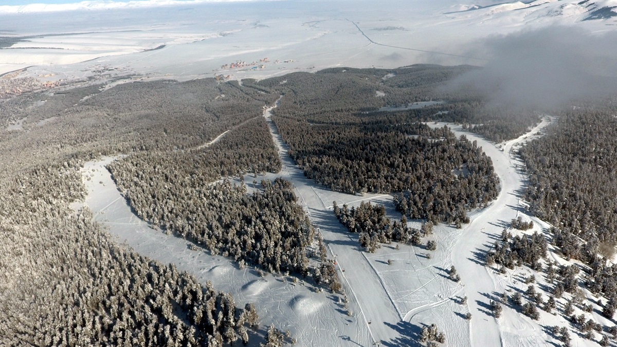 Sarıkamış in Turkey - an aerial view of a ski area with trees and snow.