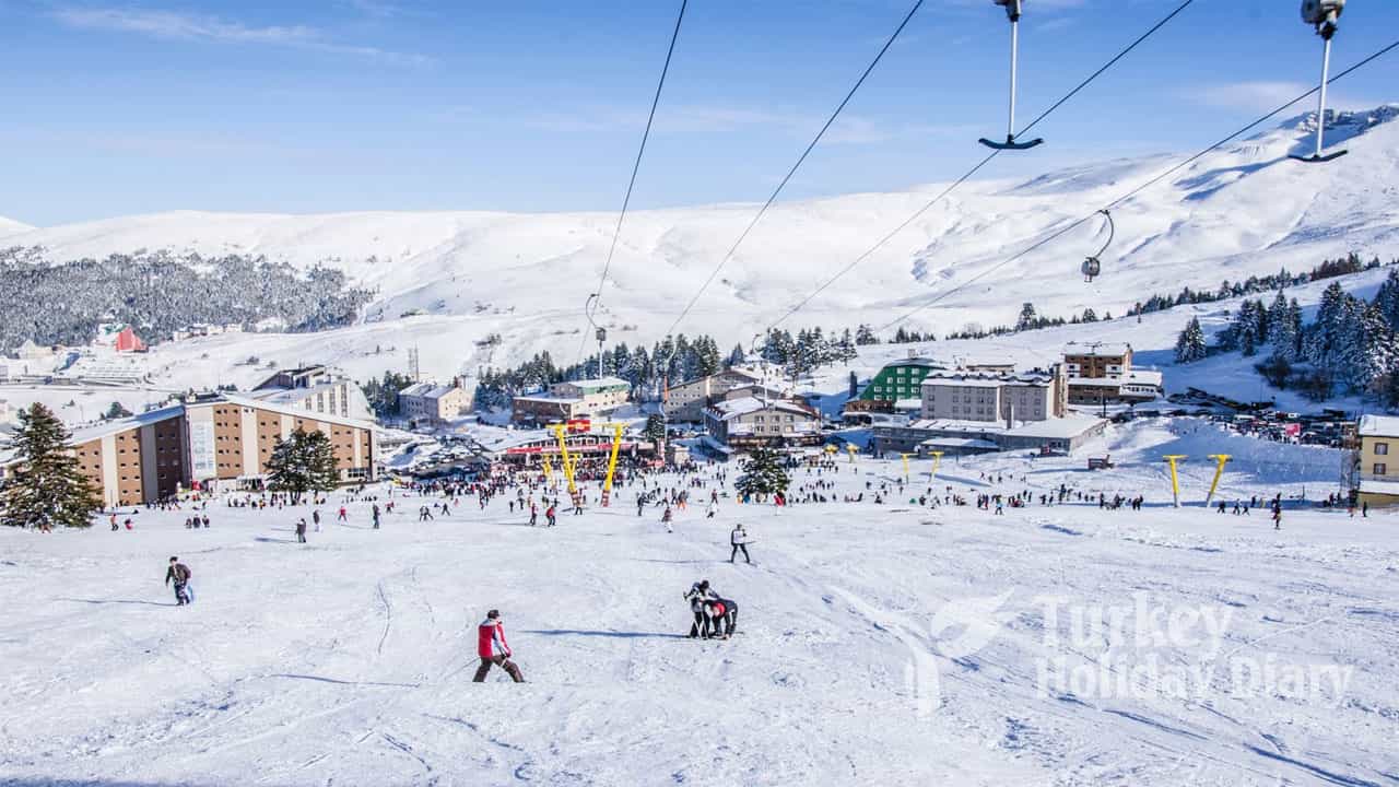 Uludag Ski Center in Turkey: people skiing on the slopes of a ski resort.