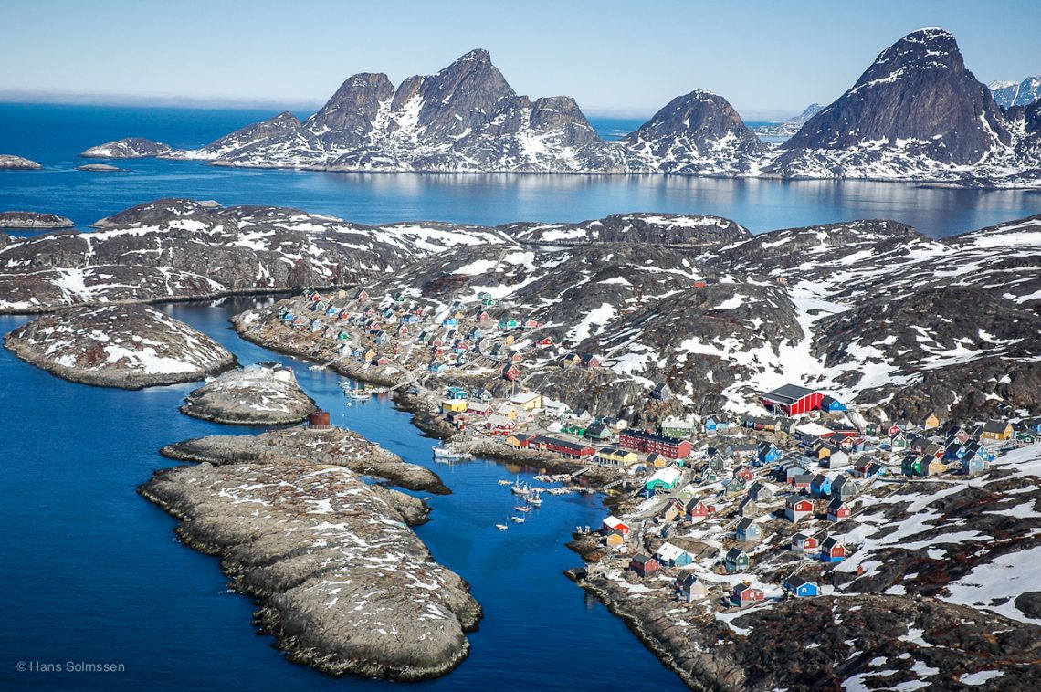 Disko Island in Greenland - a small town in the middle of a large body of water.