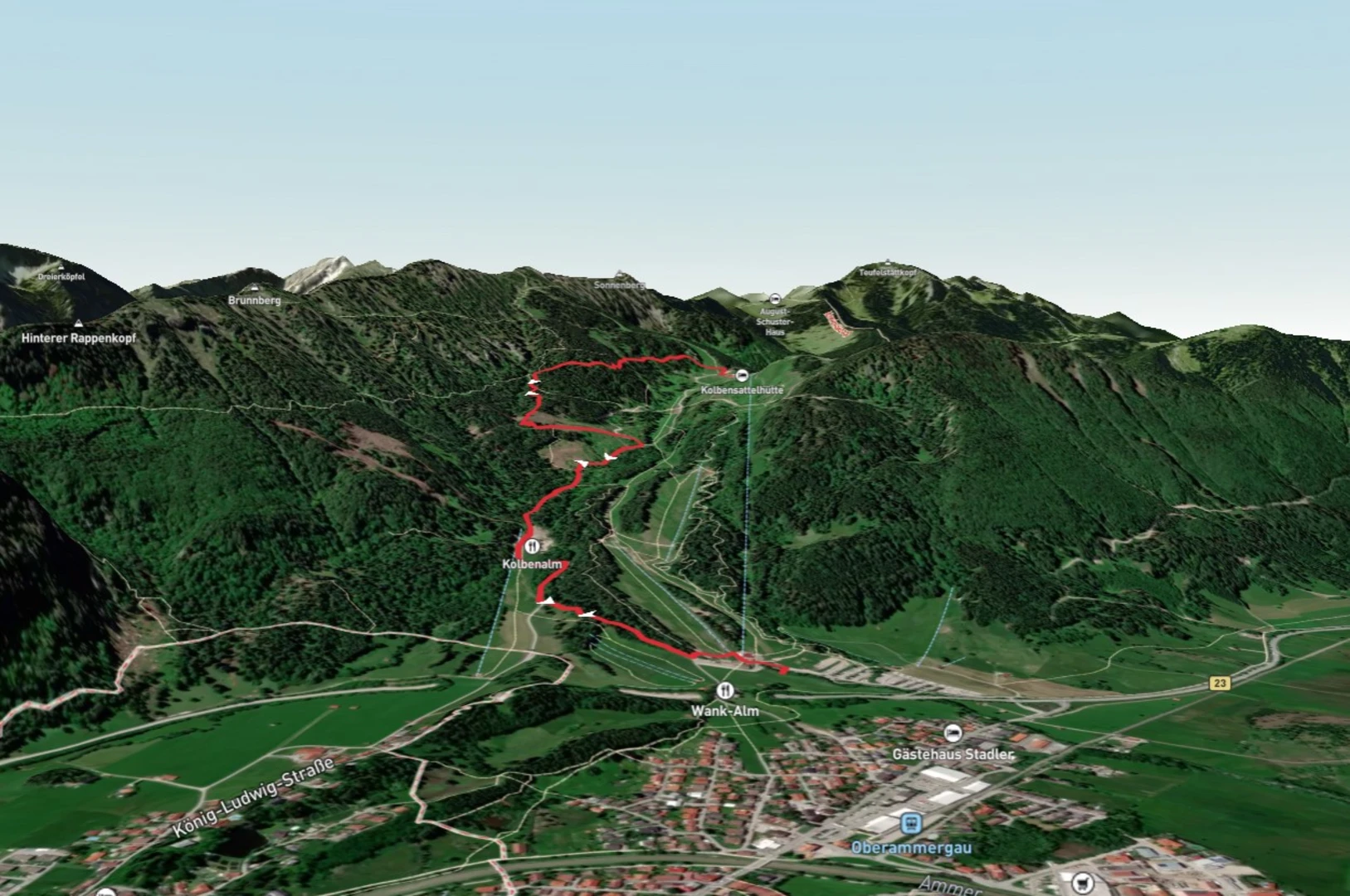 Kolbensattel – Oberammergau in Germany - the route to the top of the mountain.
