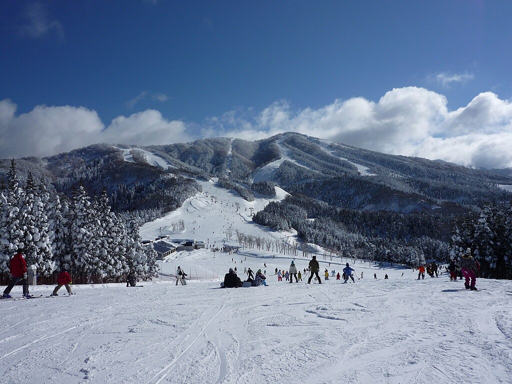 Jam Katsuyama in Japan - a group of people skiing down a snowy slope.