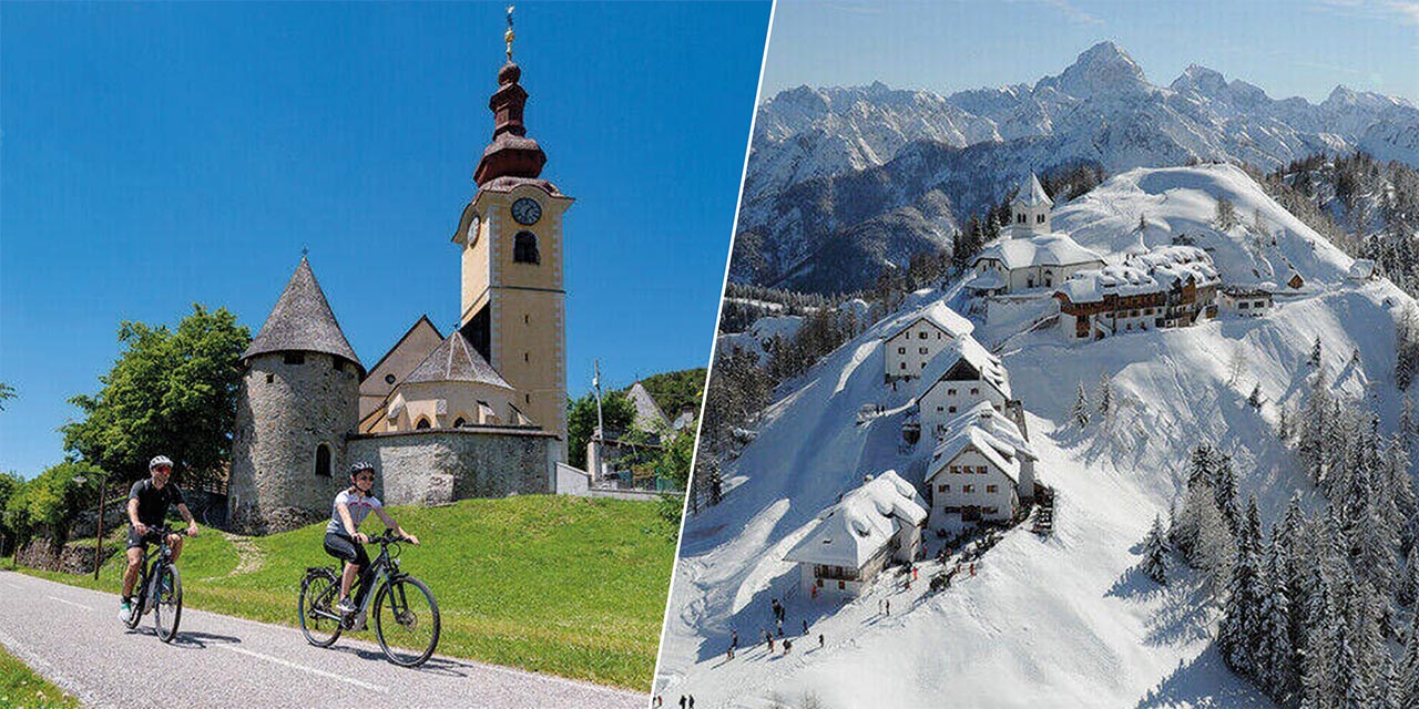 Tarvisio – Monte Lussari in Italy - two pictures of a church and a mountain.