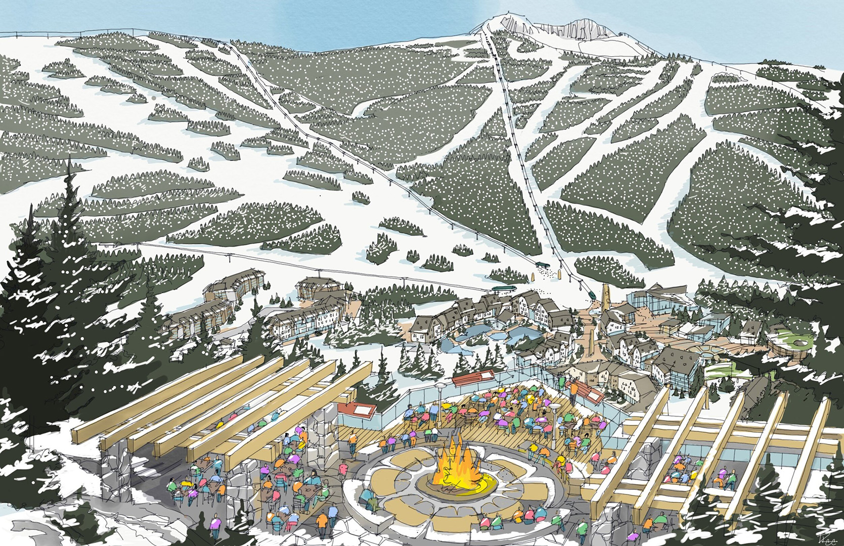 Garibaldi At Squamish in Canada: a drawing of a ski resort in the mountains.