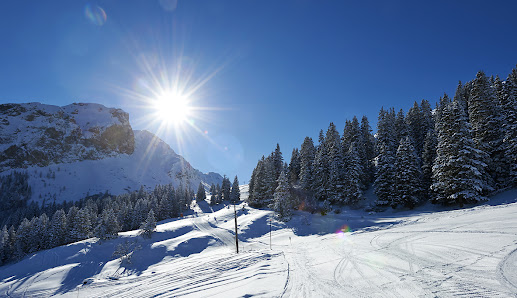 A winter sports scene at the Bergbahnen Tschiertschen ski resort in Switzerland, featuring a charming chalet amidst a beautiful snow-filled landscape.