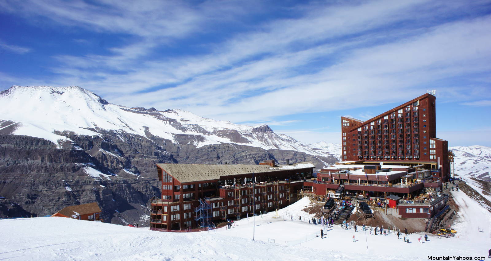 Valle Nevado in Chile - a group of people standing on a snow covered mountain.
