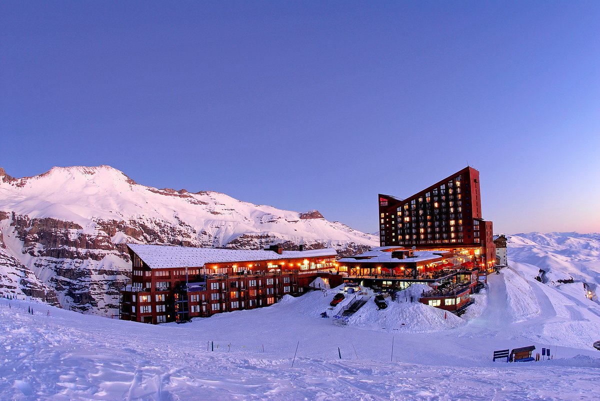 Valle Nevado in Chile: a ski resort with snow covered mountains in the background.