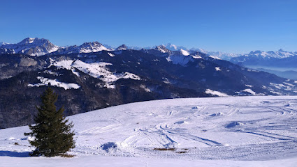 A ski resort at Alts Bandai - Hoshino Resorts Nekoma Mountain, featuring a chalet, skier navigating a winter sports scene, against a backdrop of mountain ranges.