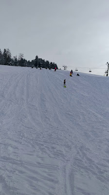 A skier enjoying a run on the snow-covered slopes of Hirmentaz in Bellevaux France. The ski resort's lift can be spotted in the scene along with other skiers possibly a family.