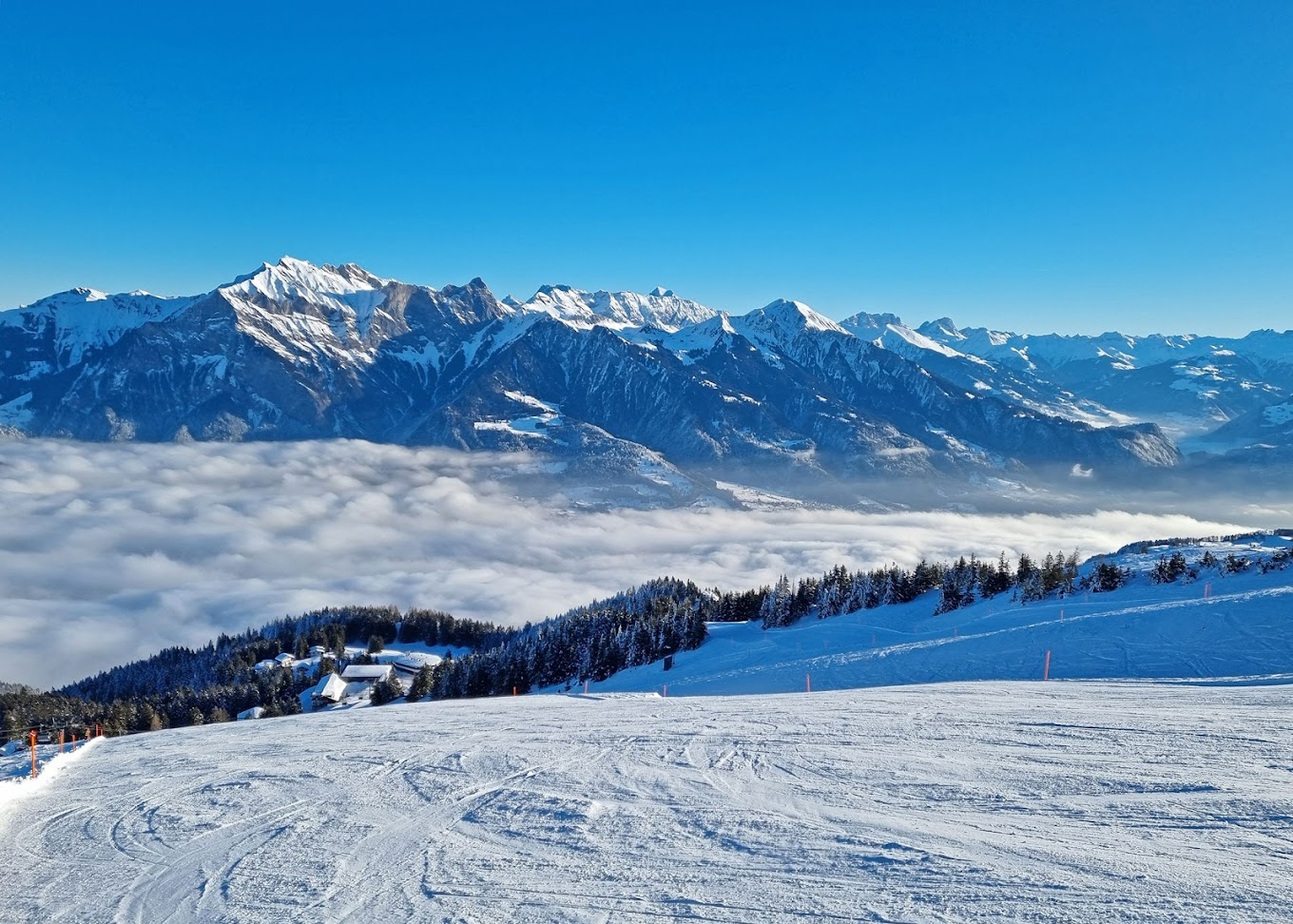 Pizol Pardiel Bad Ragaz Wangs in Switzerland - the view from the top of a ski slope in the alps.