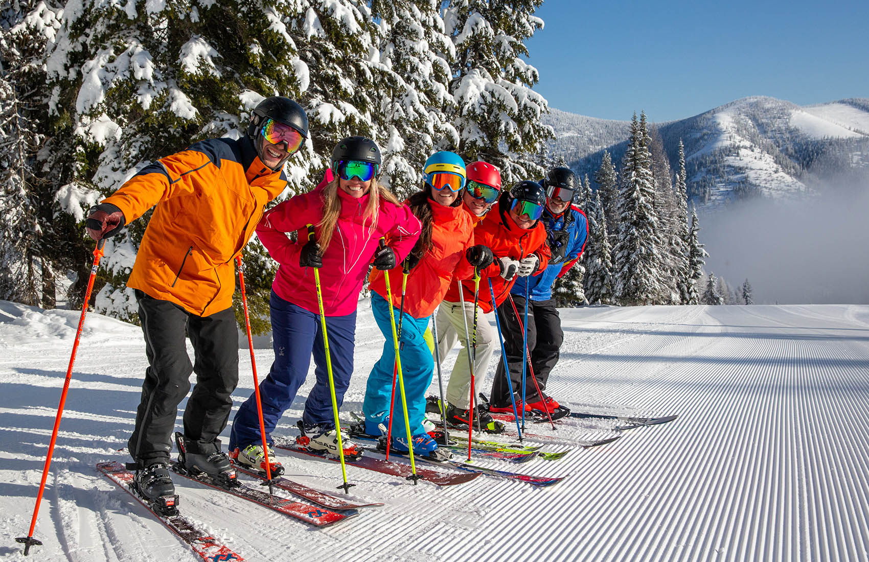Lookout Pass in USA - a group of skiers on a snowy slope.