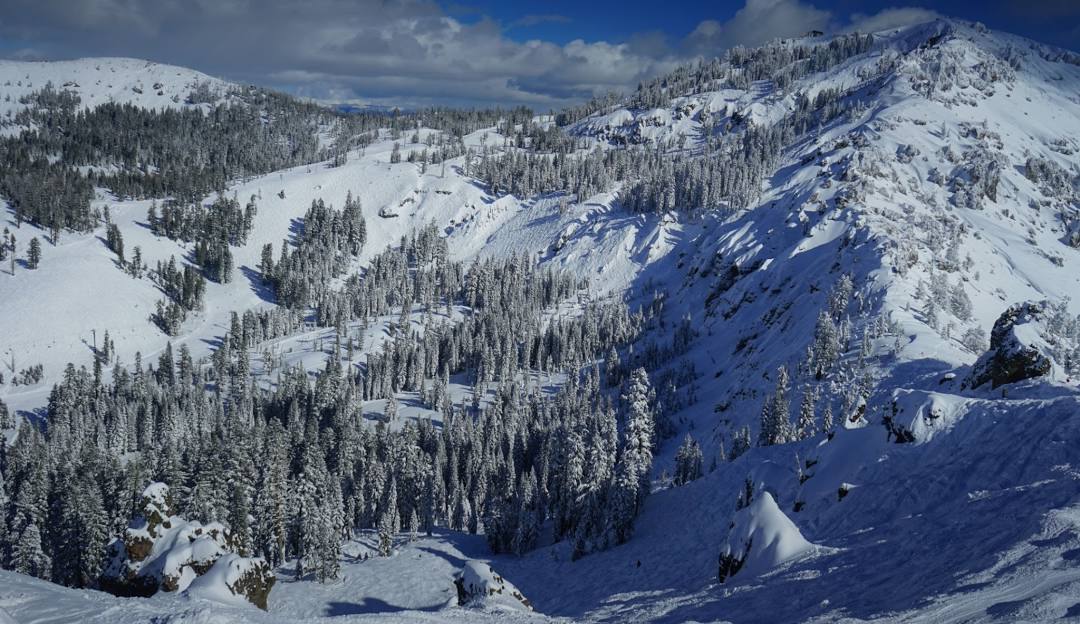 Alpine Base Area at Palisades Tahoe in USA - the view from the top of the mountain.