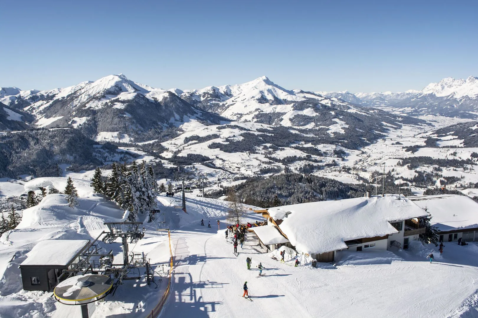 Kitzbüheler Horn in Austria - a view from the top of a snowy mountain.
