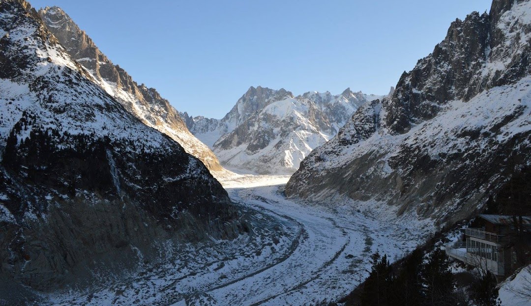 Chamonix Mont-Blanc in France - the view from the top of the mountain in winter.