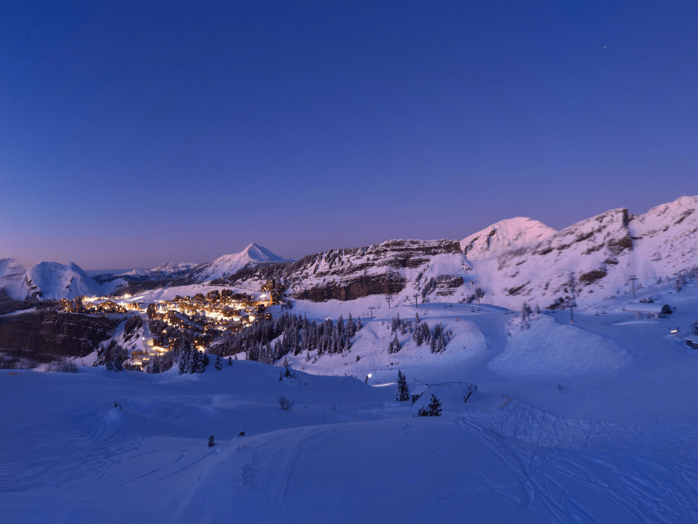 Avoriaz 1800 in France: a view of a ski resort at night.