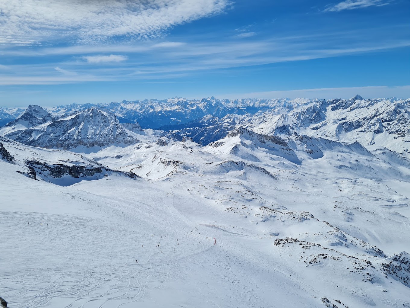 Cervinia Cielo Alto in Italy - a view from the top of a snowy mountain.