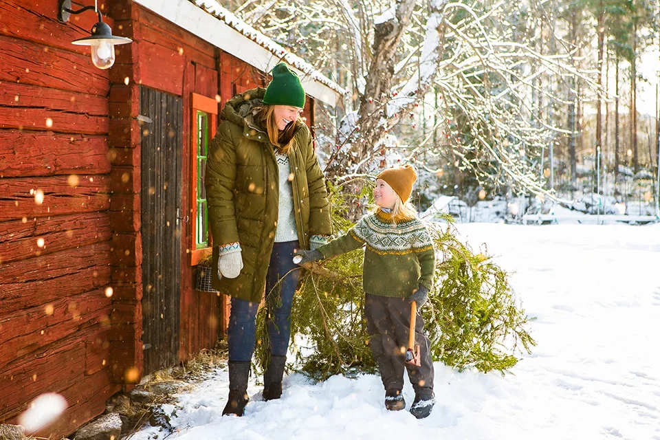 Järvsö in Sweden - a couple holding a christmas tree in the snow.