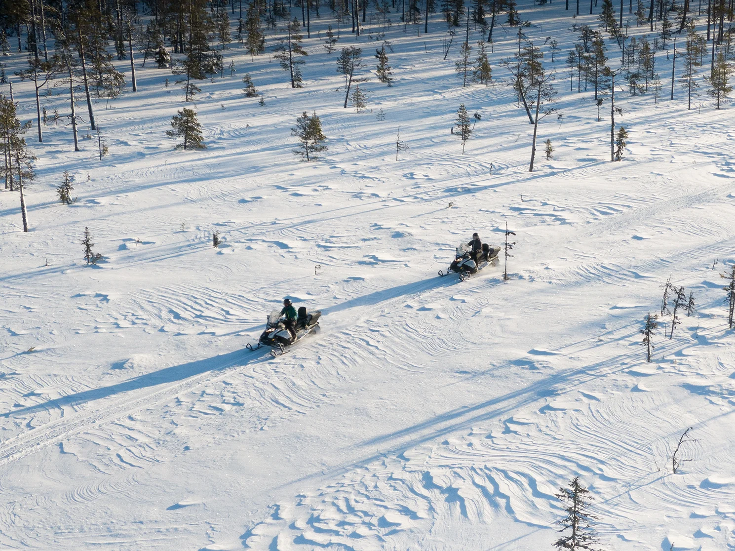 Järvsö in Sweden - a group of people riding snowmobiles through the woods.
